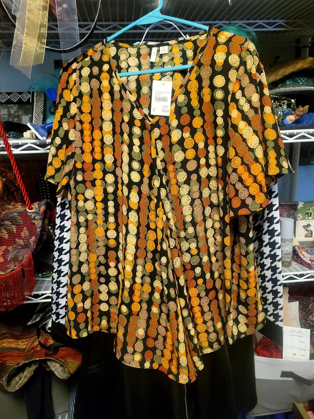 Cato Black Blouse with Orange and Yellow Dot Pattern